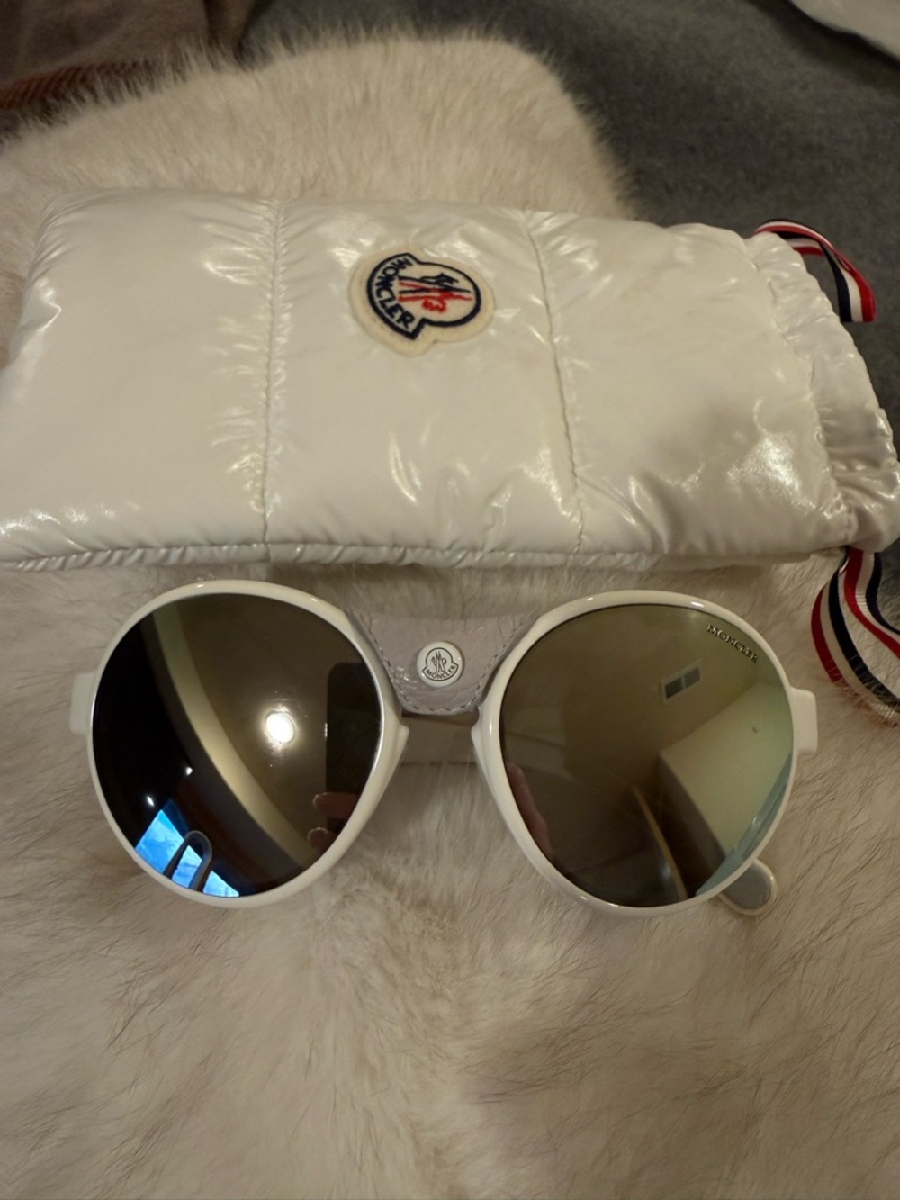 Moncler Ivory Round Ski Goggles with Leather Trim